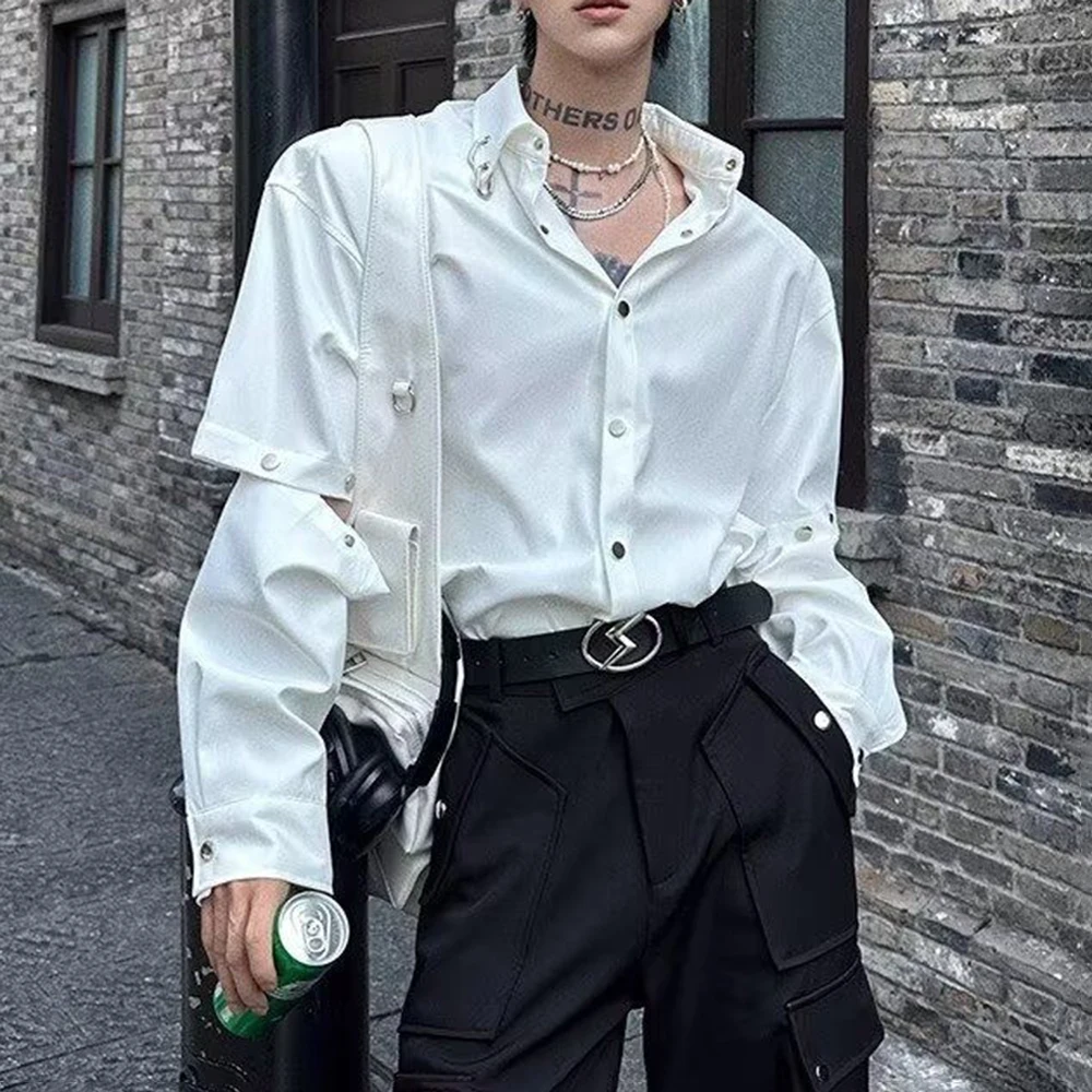 Detachable Men's Shirt Long-Sleeved Spring Summer Solid Stitching Korean Retro Fashion High Street Loose Casual Niche Tops