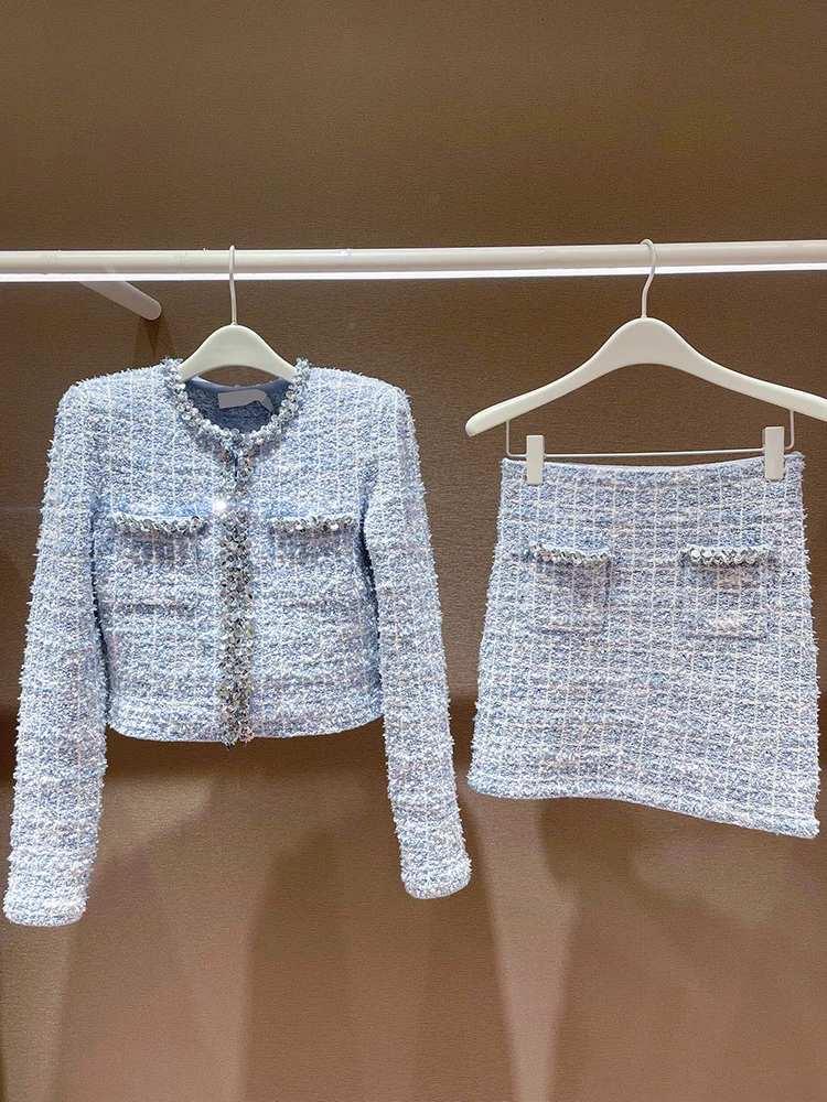 

SP Home South Oil High End Women's Spring 2025 Sequin Knitted Jacket Skirt Set Fashionable Elegant Long Sleeve round Neck