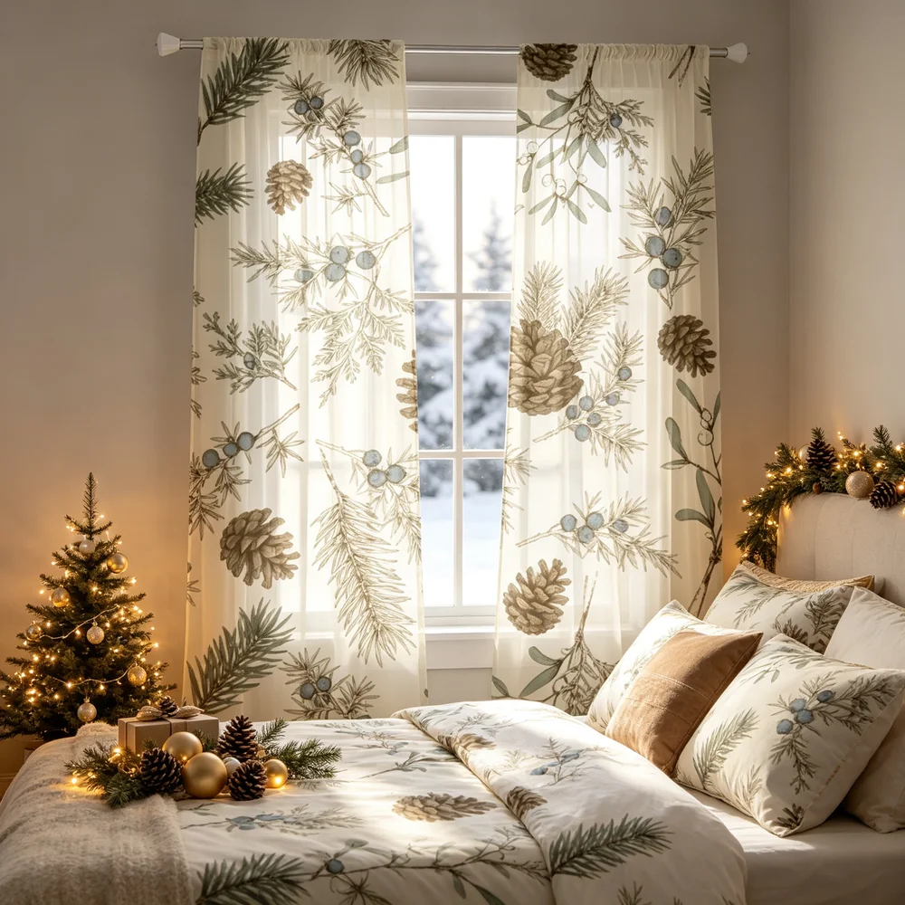 2PCS Christmas Curtains, Line Art Pinecones Juniper Print, Bedroom Living Room Window Drapes, Rod Pocket Polyester, Home Decor