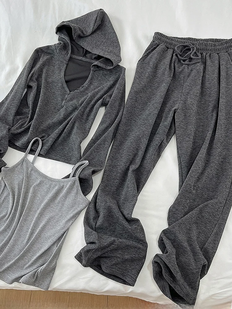 

Slimming Effect Tee-Piece Set with Hoodie Strap Wide Leg Pants Sportswear No Brand Cotton Long Sve Summer Faion Set