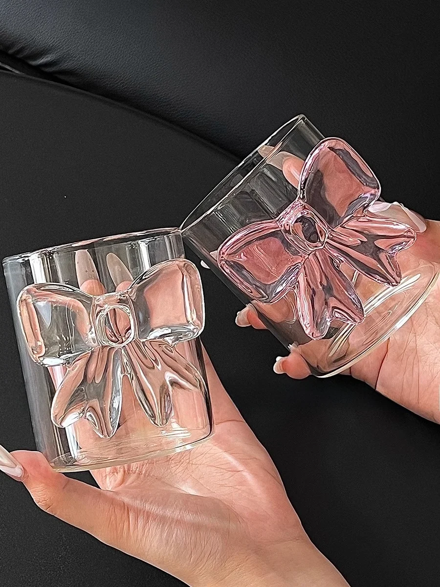 

Pink Bowtie Glass Cup Milk Coffee Juice Cup High Borosilie Friend Gift Breakfast Cup Fairy Sle round ape 300ml