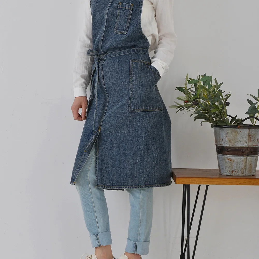 Cotton Canvas Thickened Denim Apron Stain Resistant Household Kitchen Work Uniform Bib Waist Chef Bartender Work  3 Pockets