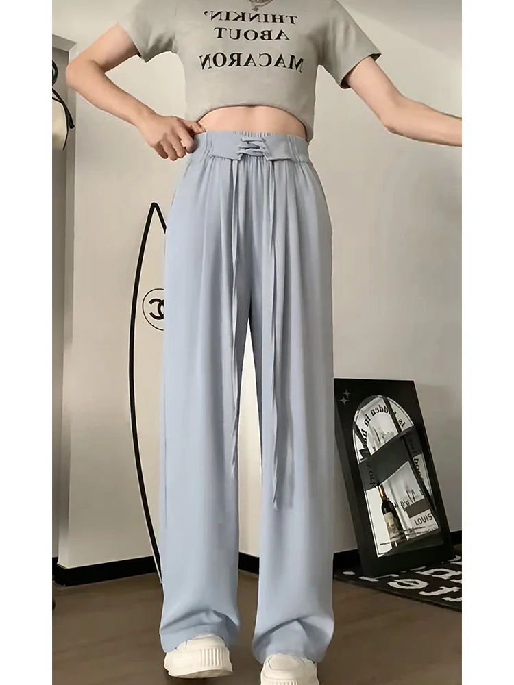 2023 Women New Pleated Tie Up High Waist Cozy Trousers Straight Wide Leg Baggy Casual Office Ladies Pant Solid Color Design Chic