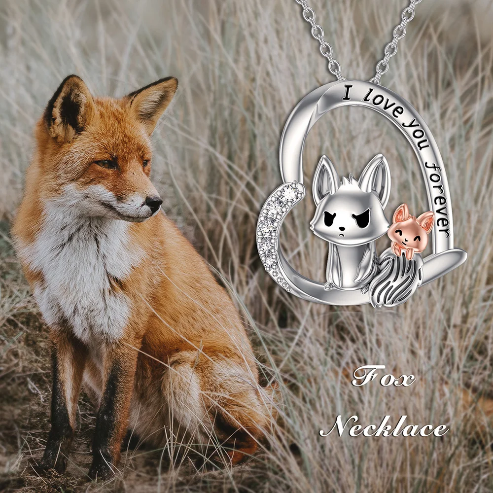 Beautiful and fashionable fox mother and son heart-shaped pendant necklace, perfect gift for mom on Christmas and Mother's Day