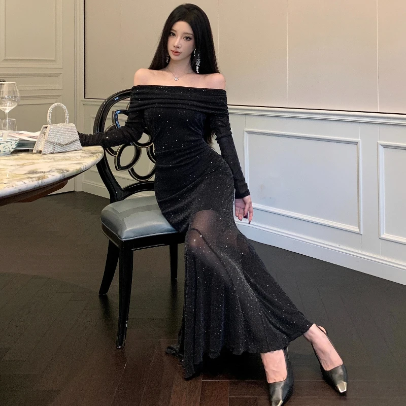 High-end กระชับ Sheath Bodycon ชุดนางเงือกผู้หญิงอินเทรนด์แขนยาวปิดไหล่ชุดฤดูใบไม้ร่วงชุดวันเกิด