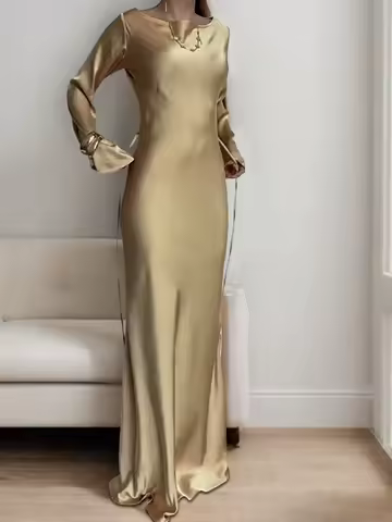 Women's Bespoke Satin Maxi Dress with Corset Waist Tie Classic Round Neck &amp; Dramatic Flared Sleeves Luxury Evening Dress