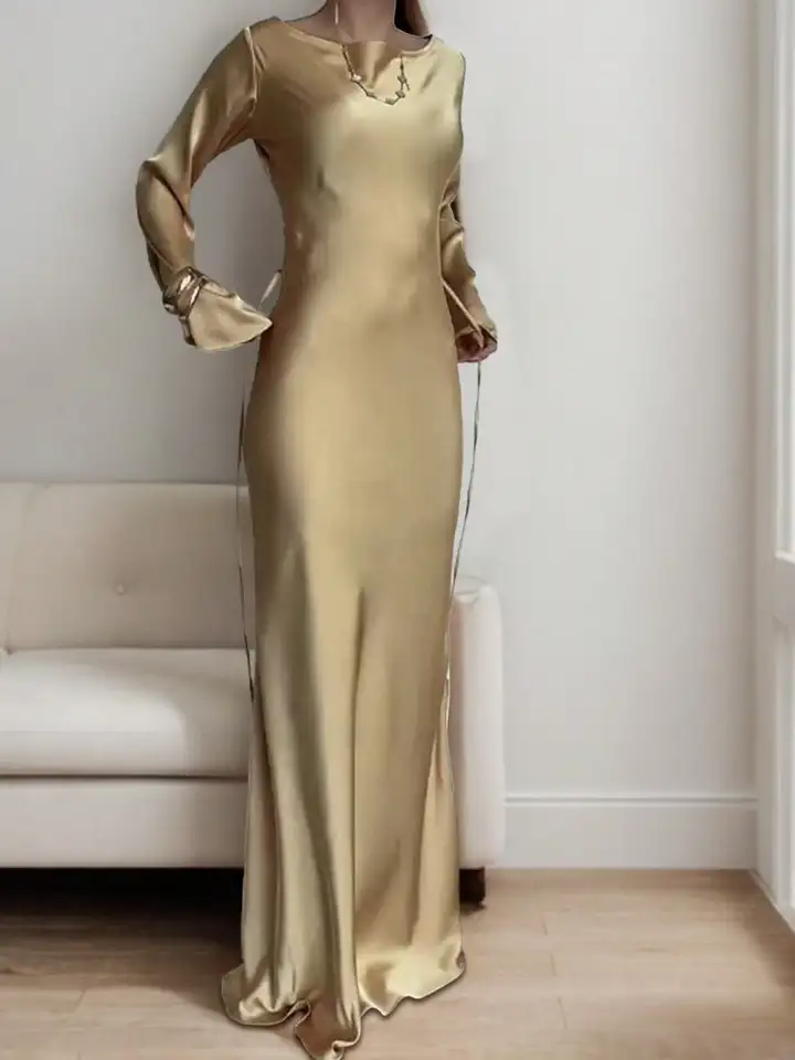 Women's Bespoke Satin Maxi Dress with Corset Waist Tie Classic Round Neck &  Dramatic Flared Sleeves Luxury Evening Dress - AliExpress 200000345