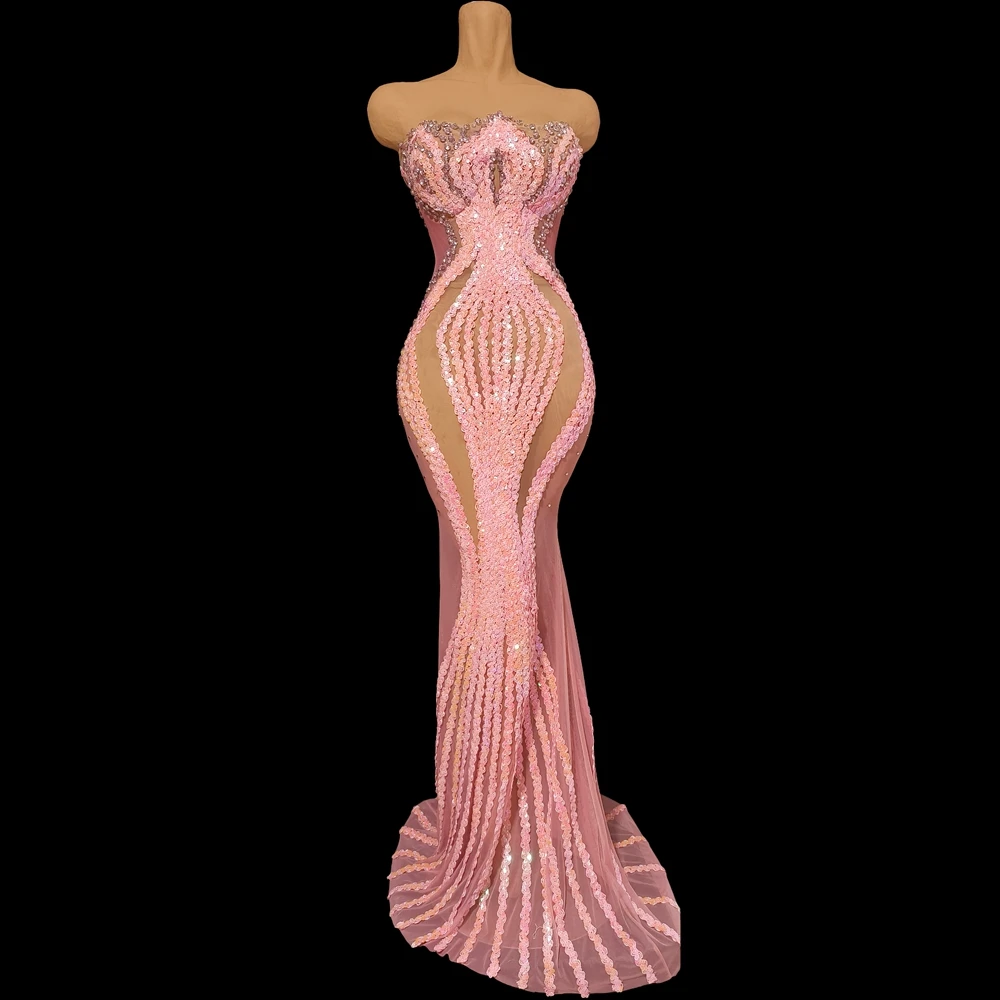 

Sparkly Pink Rhinestones Sequins Birthday Celebrate Evening Tube Long Dress Women Sexy Mesh Transparent Photo Shoot Stage Wear