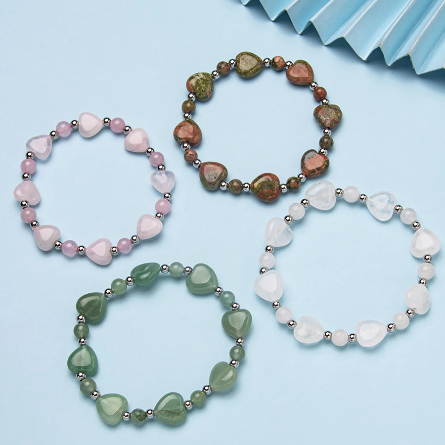 1pc natrual crystal stone gemstone agate heart-shaped rose quartz green aventurine bracelet for women and men