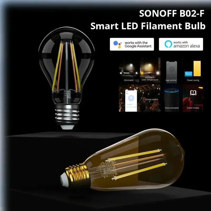 SONOFF B02-F Wifi Led Bulb Filament Smart Bulbs E26 E27 120V 220V Night Light Dimmable Warm White Lighting For Google Home Alexa