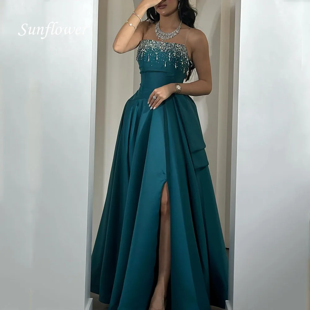 

Sunflower Green Strapless Beading Satin A-LINE 2024 High Quality Slim Backless Ocassion Gown Floor-Length Formal Evening Dress