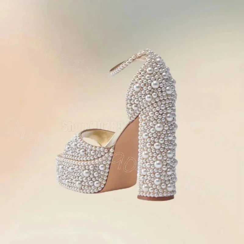 

White Pearl Decor Open Toe Platform Sandals Buckle Strap Women Shoes Chunky High Heels Party Banquet 2025 Zapatos Para Mujere