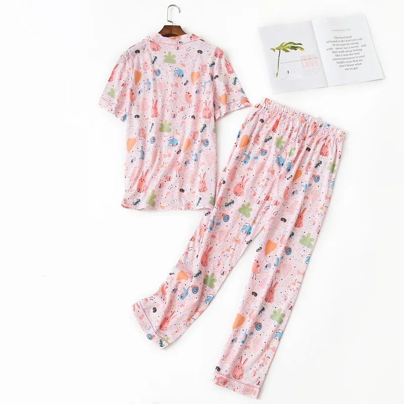 Verão feminino casual dos desenhos animados conjuntos de pijama menina algodão macio pijamas terno feminino qualidade superior manga curta roupas para casa