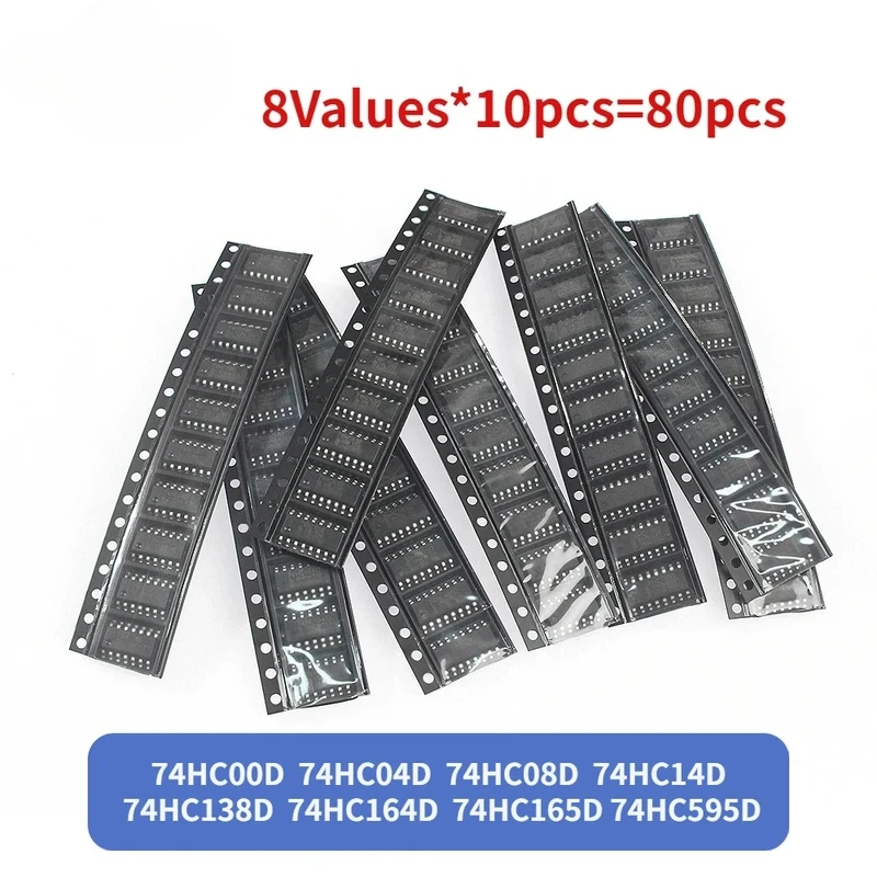 

80 Pieces 74HC SMD Logic IC Electronic Component Kit 74HC00D 74HC04D 74HC08D 74HC14D 74HC138D 74HC164D 74HC165D 74HC595D IC