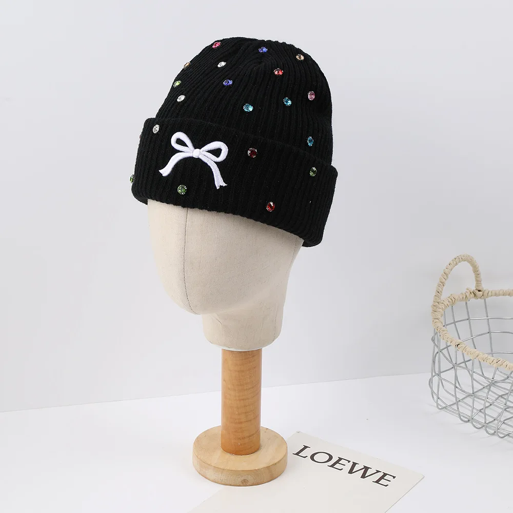 Women's Shiny Rhinestone Beanie Hat with Bow Embroidery Cuffed Warm Winter Cap Multiple Elastic Sizes for Daily Wear