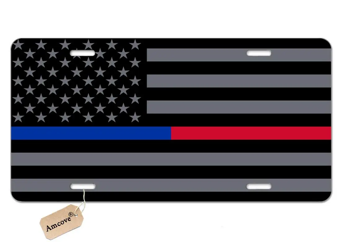 License Plate Thin Blue Red Line & Fire Respect and Law Enforcement Flag Decorative Car Front License Plate,Vanity Tag,Metal