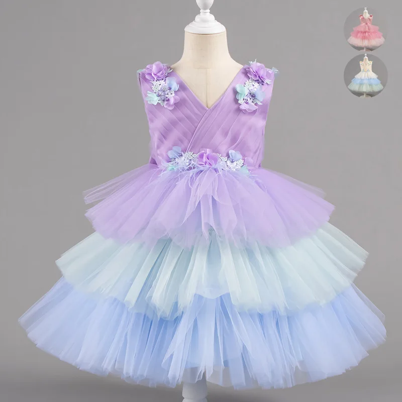 Summer Rainbow Three Dimensional Petal Mesh Cake Skirt Princess Skirt Sleeveless Dress Children's Year End Dress