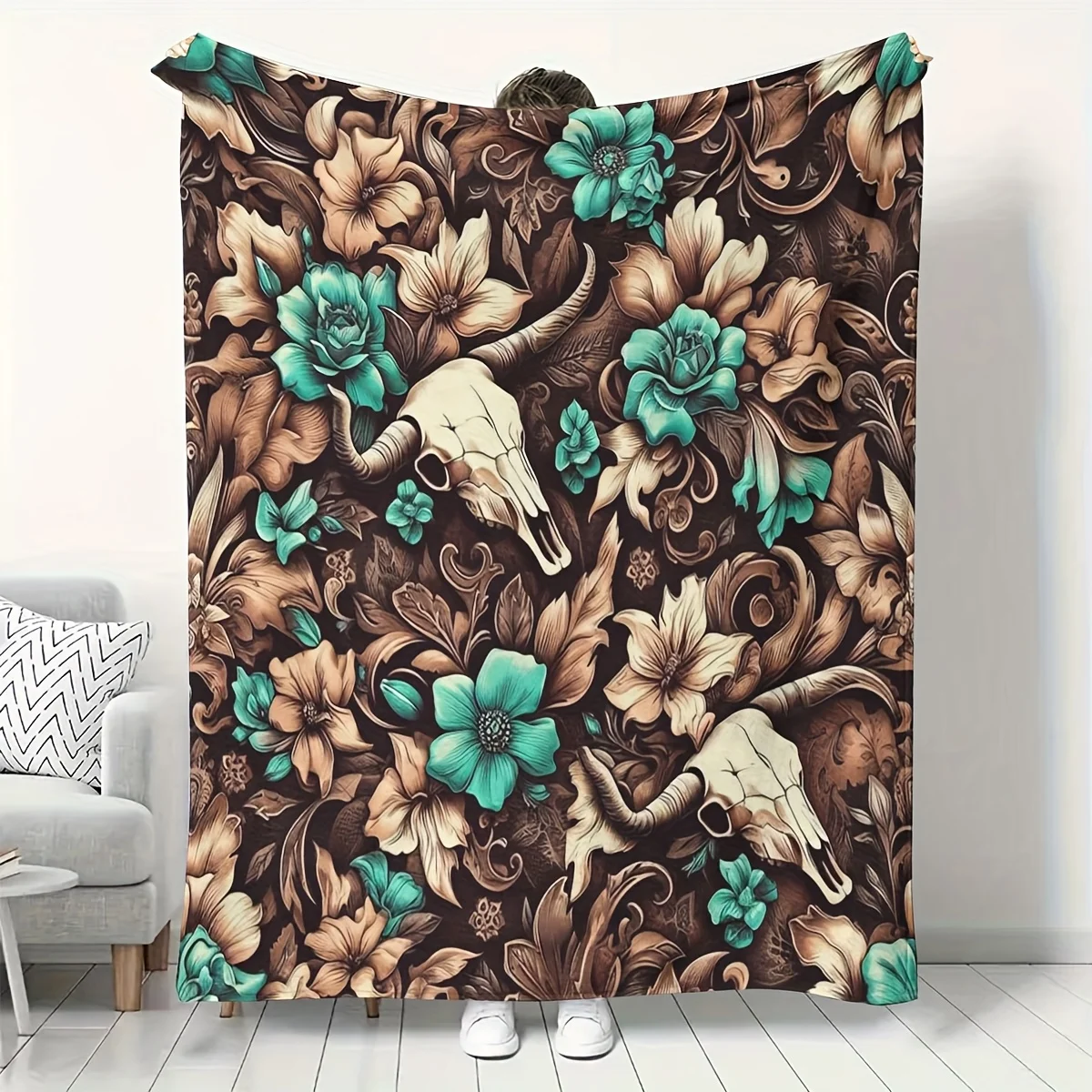 Luxurious Gothic Skull Floral Print Throw Blanket Boho Decorative Cozy Fall Winter Couch Cover Maximalist Art Home Decor
