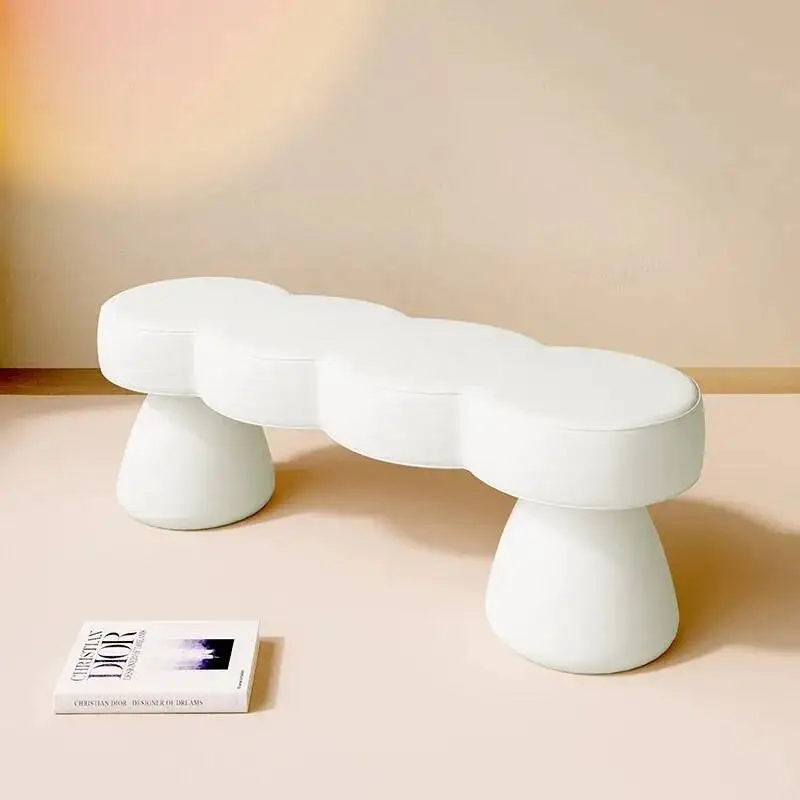 Cute Cloud Bench & Mushroom Stool, Modern Bouclé Upholstered Window Bench, Cozy Accent Furniture for Kids Room Bedroom Decor view 3