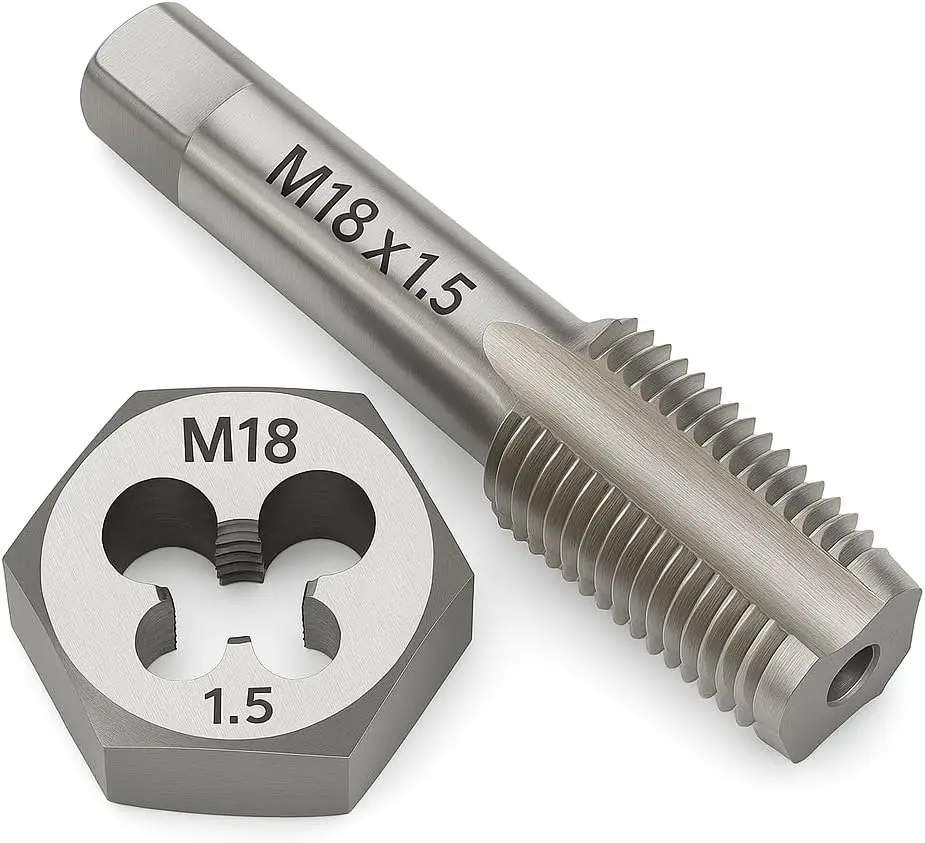 

M18 x 1.5 HSS Tap and Die Set, GCr15 Hex Die, Right Hand Thread Cutting Tool for Metal Repair