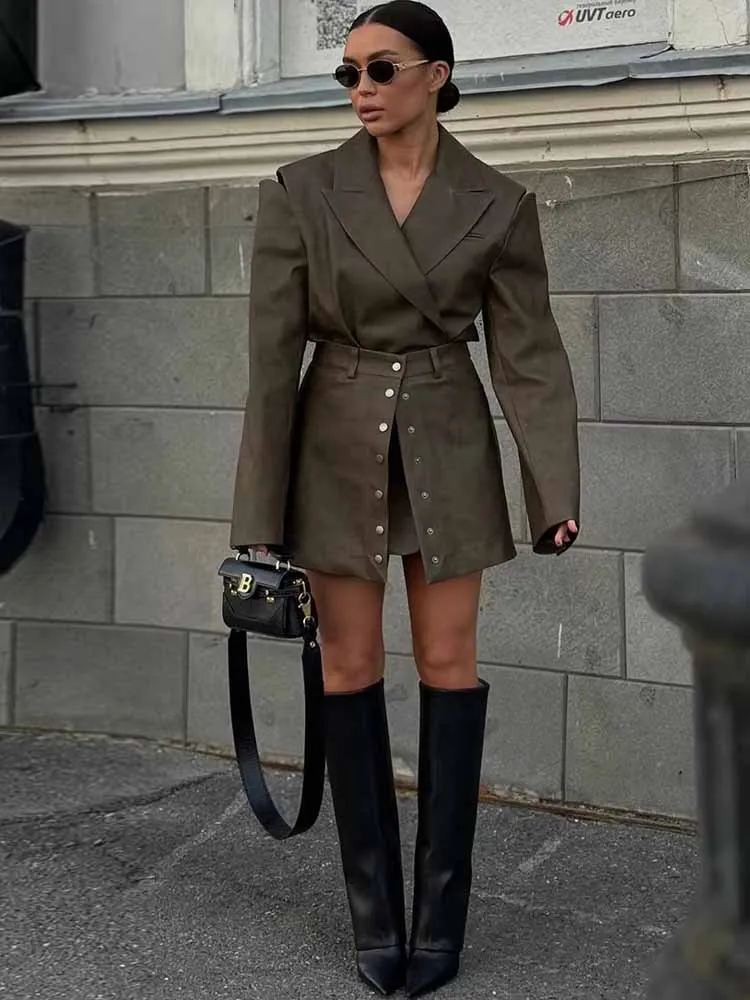 BKQU PU Leather Women Blazer Skirt Suits Fashion Long Sleeve Hollow Out Lapel Coat Button High Waist Mini Skirt 2 Pieces Outfits