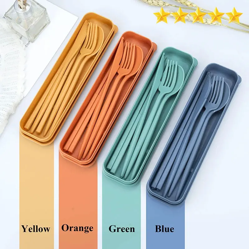 [Hot Sales] 4-Piece Portable Utensils, Healthy Eco-Friendly Wheat Straw Cutlery, Reusable Chopstick Fork Knife Spoon Set