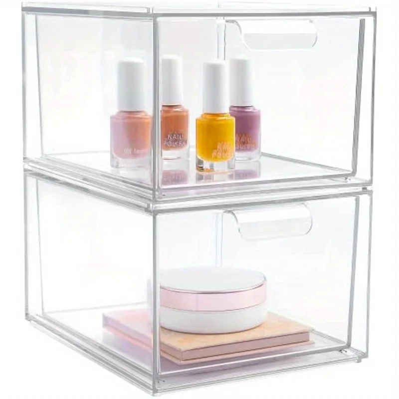 

2pcs Large Capacity Stackable Transparent Baskets - Space-Saving Drawer Type Organizers for Vanity, Under-Sink, and Kitchen Ca