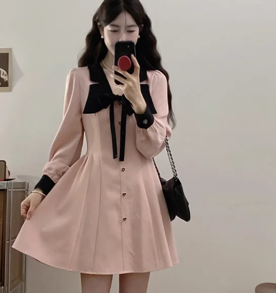 ربيع الخريف كبير الحجم دمية طوق الفرنسية الوردي القوس فساتين اليابانية عالية الخصر ألف خط طويلة الأكمام الحد من العمر الفتيات اللباس #2