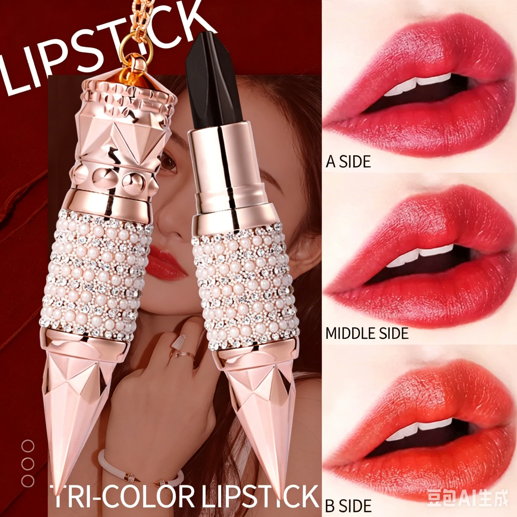 VIBELY 3-in-1 Dreifarbiger Lippenstift, Matter Transfer-Resistenter Lippenstain, Wasserfester, Wischfester Langanhaltender Lippenstift Queen Scepter Desi