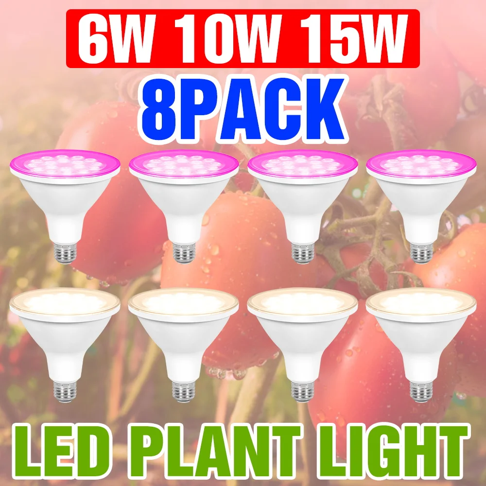 8 Pack 15W LED E27/E26 Full Spectrum Grow Light Bulbs Hydroponics Plant Lamp Flowers Potted Growth Box Succulents Fill Lighting