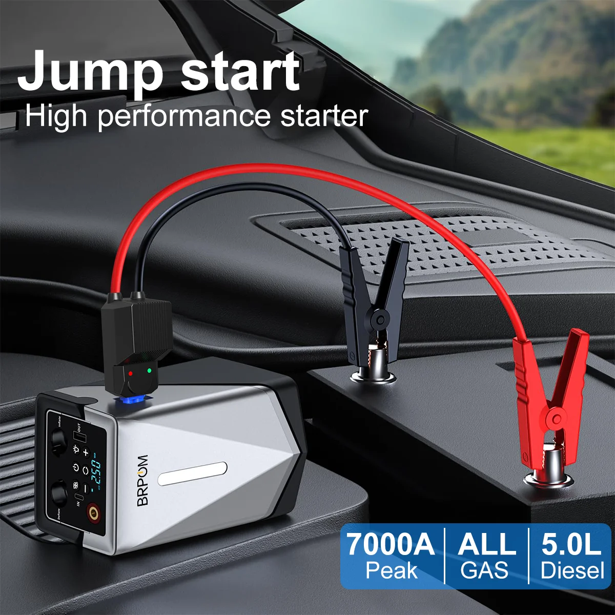 6-in-1 Car Emergency Jump Starter 7000A Peak Car Jump Starter 150 PSI Air Compressor Digital Tire Pressure Gauge With 3-Mode LED Torch and Tyre Pressure Monitor with LCD Display For Emergencies