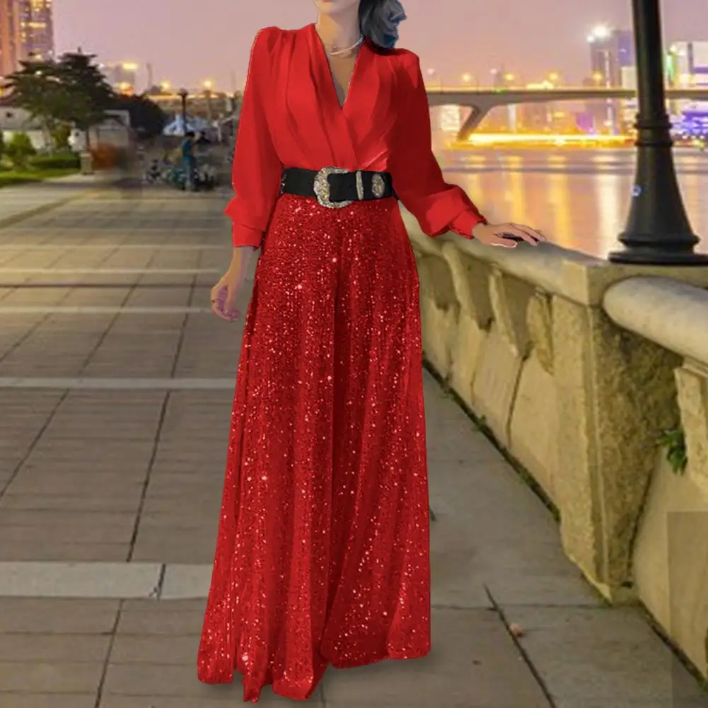 

Autumn Style Jumpsuit Elegant Sequin V Neck Jumpsuit with Belt for Women Wide Leg Slim Waist Long Sleeves for Formal Occasions