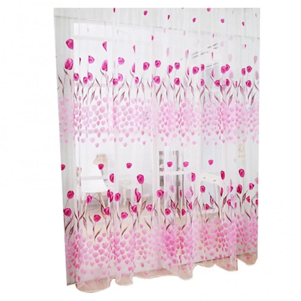 Romantic Tulip Print Voile Sheer Curtain Drape Divider Valance for Door Window