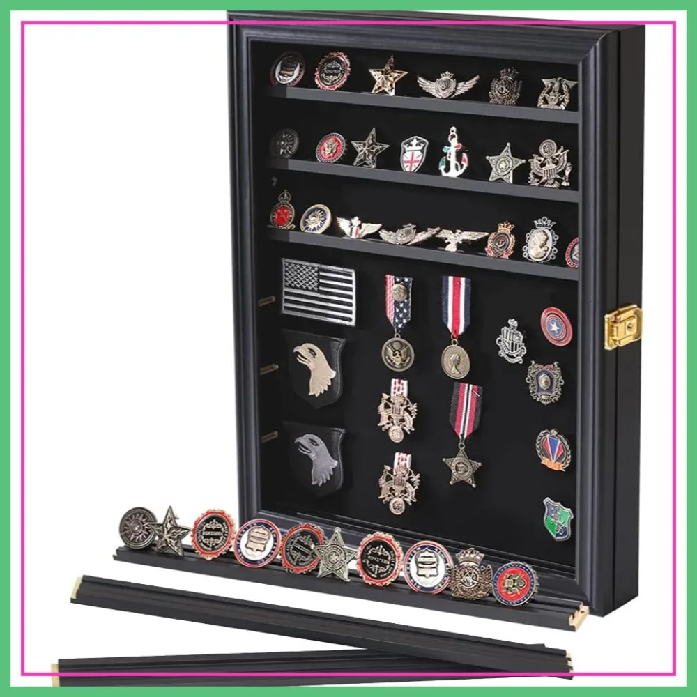 Lockable Medals Display Case Wall Frame for Coins, Pins, and Collectibles - Black Shadow Box with Removable Shelves
