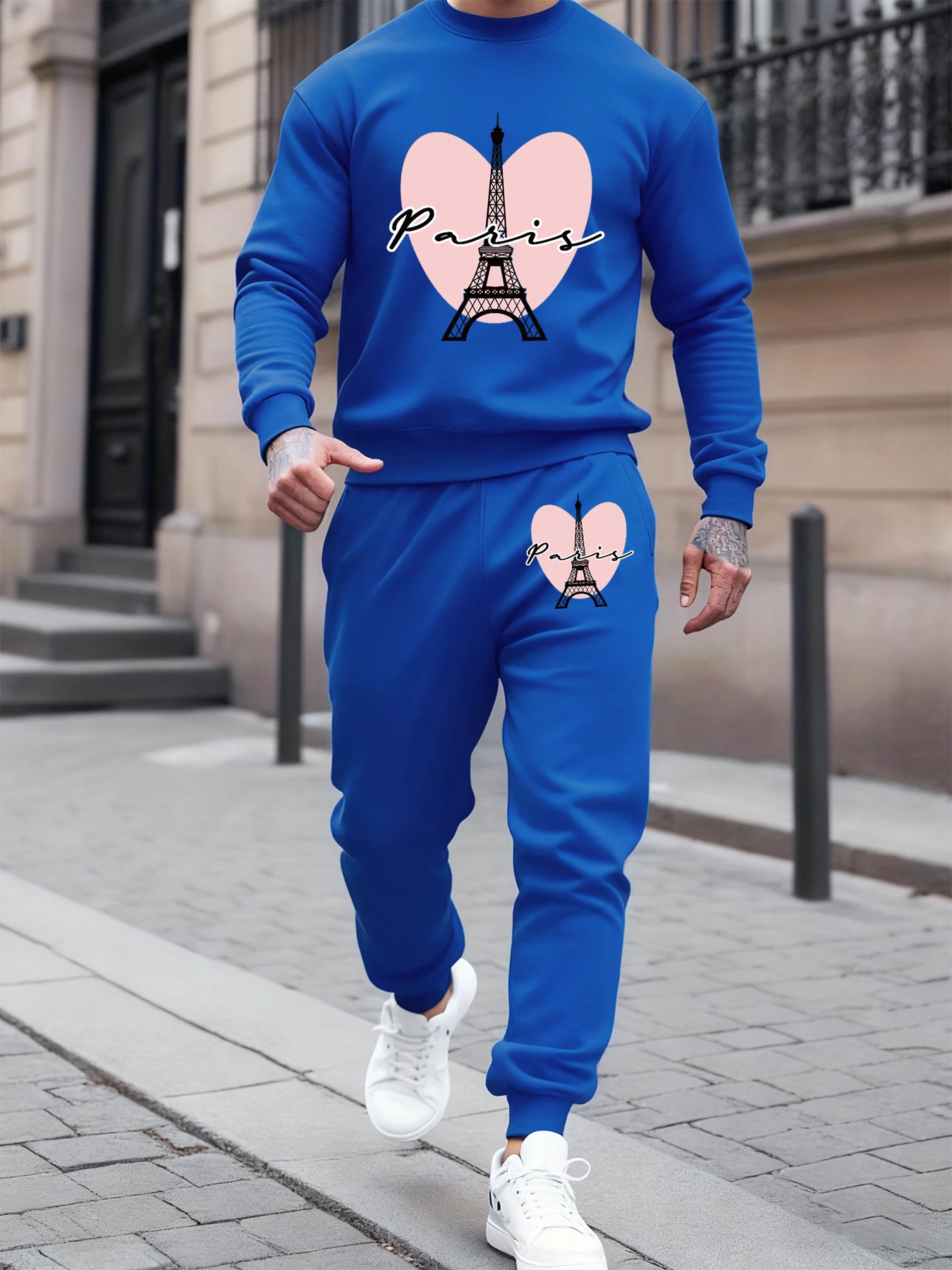 Paris France Eiffel Tower Print Men Sweatshirt Suit O-Neck Soft Pullovers Casual Comfy Sweatpants Man Autumn Jogging 2 Piece Set