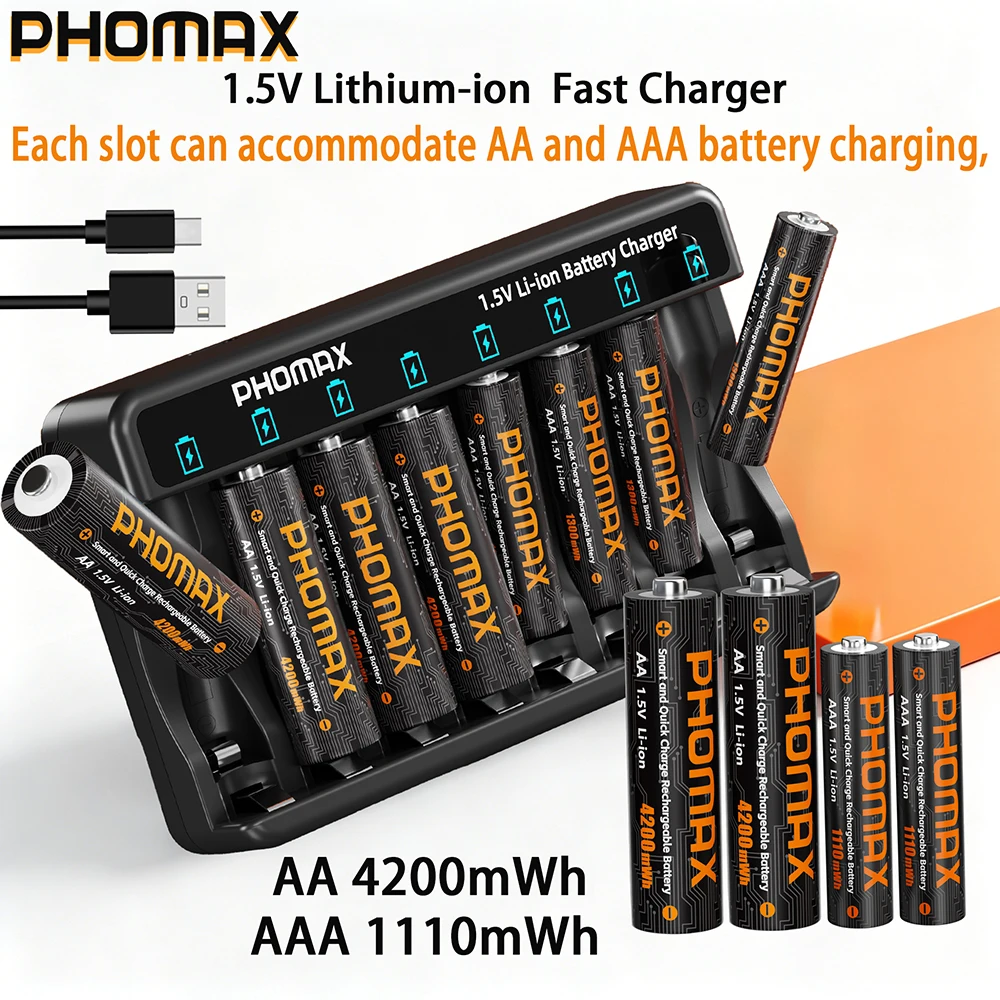 

PHOMAX Fast Charger & Rechargeable Battery 1.5V AA 4200mWh AAA 1110mWh For Clock Radio Video Game Digital Camera Toys AA AAA