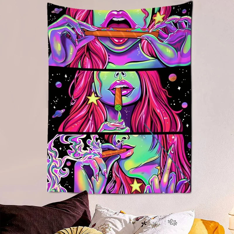 VIKAMA Trippy Psychedelic Alien Girl Tapestry Neon Pink Green Space Starry Cartoon Wall Hanging Hippie Dorm Bedroom Decor