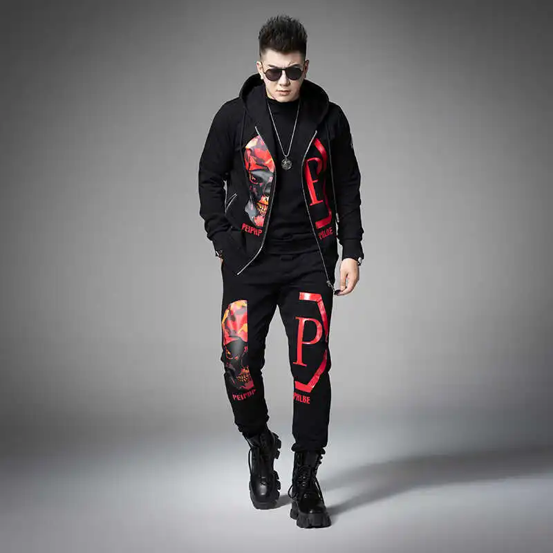 2024 Mens Two Piece Sets Fashion Streetwear Casual Winter Suits Skull Pattern Hooded Black Tracksuit Men Clothes Ropa De Hombre