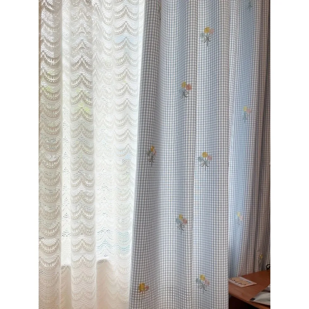 Embroidered Small Bouquet Blue Plaid Cute Retro Romantic Curtain Door Partition for Childrens Room Bedroom Drapes Nursery