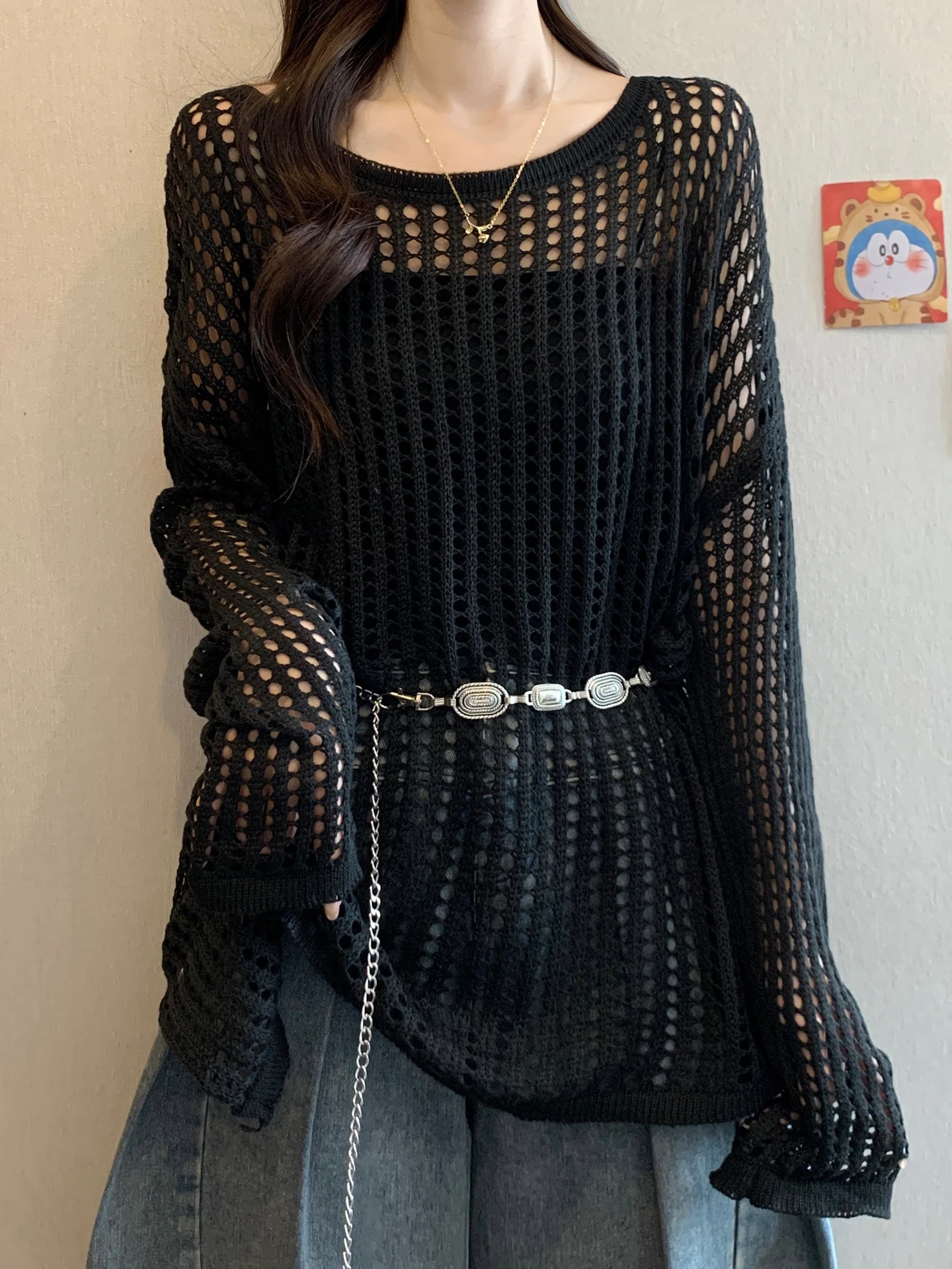 

Корейская вязаная кофта-сетка с вырезами для женщин, ранняя осень, большие размеры, для полных женщин, с утяжкой на талии, средней длины, многослойная