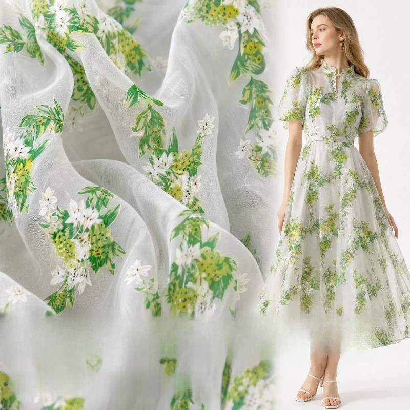 Fabric Island Green plant and flower organza creative mesh fabric Fresh and simple Hanfu long skirt fabric