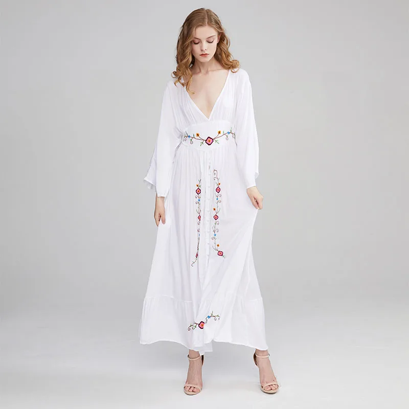 n Sle Long Sve V-Ne Embroidered Floral Maxi Dr Loose Fit Summer Autumn Spring Season Women's Dr