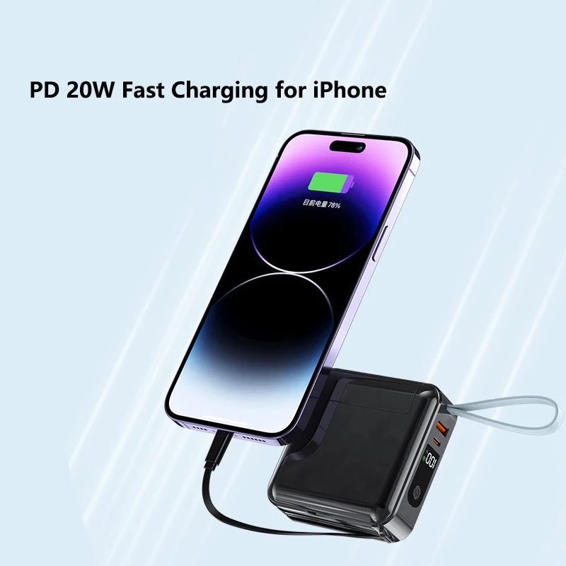 Banco de Potência de Carregamento Rápido com Cabo, Plugue AC, Carregador de Parede para iPhone 15, Huawei, Xiaomi, Samsung, Powerbank, 30000mAh, 22.5W