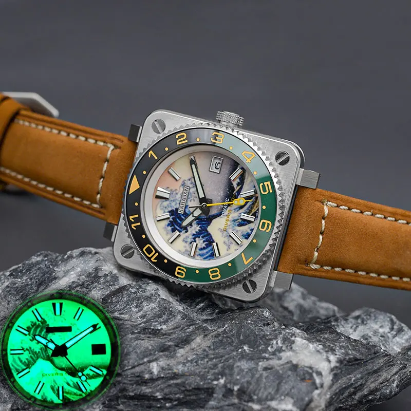 Design Ross Diving Square  Men‘s Watch With Japan NH35 NH36 Automatic Movement C3 Luminous 10ATM  Waterproof 316L Stainless