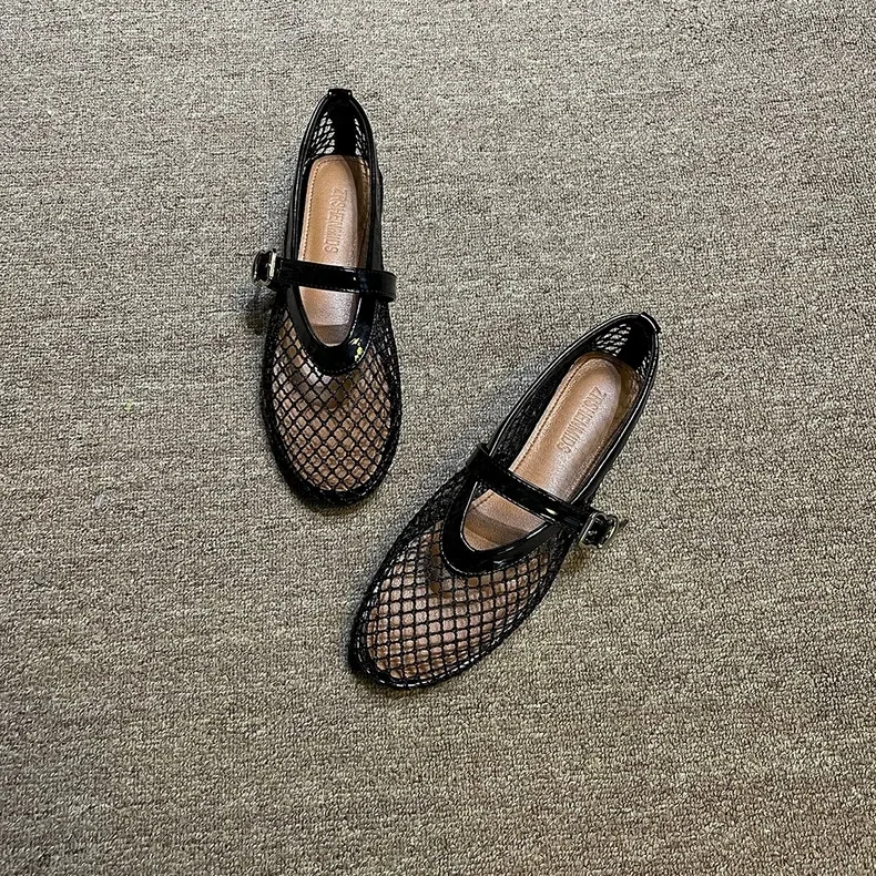 Spring new round head mesh hollow one-word buckle single shoes women's comfortable ballet flat shoes fishing net shoes