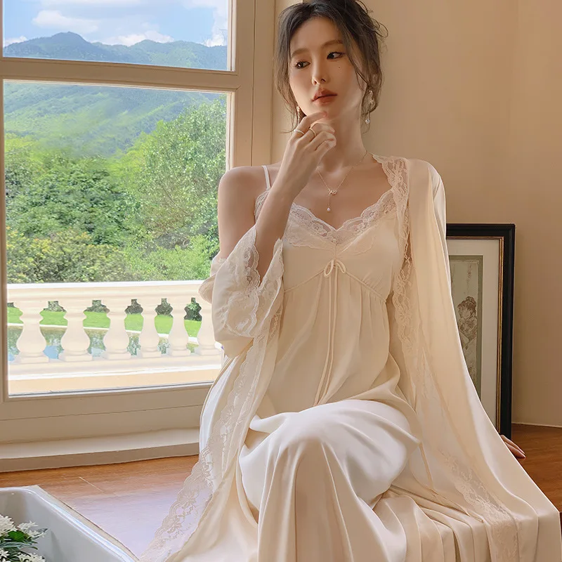 Women French Thin Style Sexy Two-Pieces Night Robe Lace V-Neck Spaghetti Strap Nightie Full Sleeves Loose Ice Silk Morning Robe