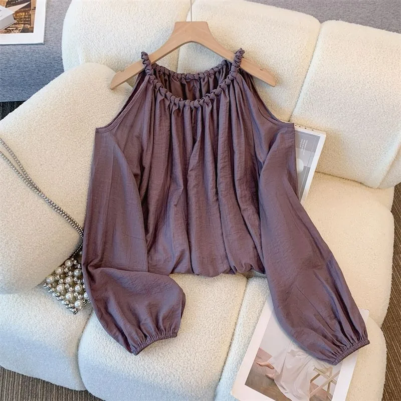 

Сексуальная однотонная рубашка с длинными рукавами во французском стиле с вырезом на плечах, шикарная женская осень 2021, новый ленивый свободный нишевый топ