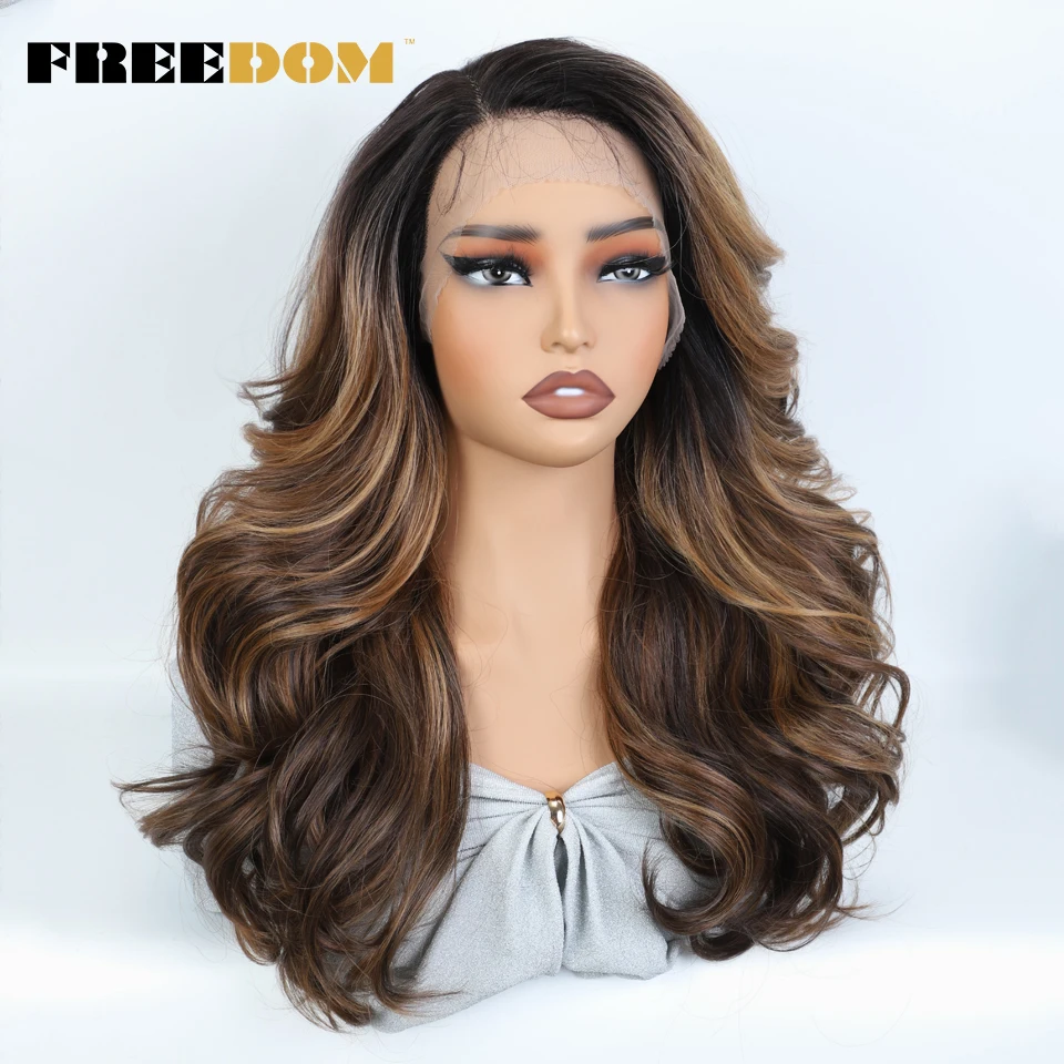 FREEDOM Syntetyczne koronkowe peruki dla czarnych kobiet Body Wave Lace Wig 22 inches Ombre Chocolate Brown Blonde Wigs Cosplay Wig