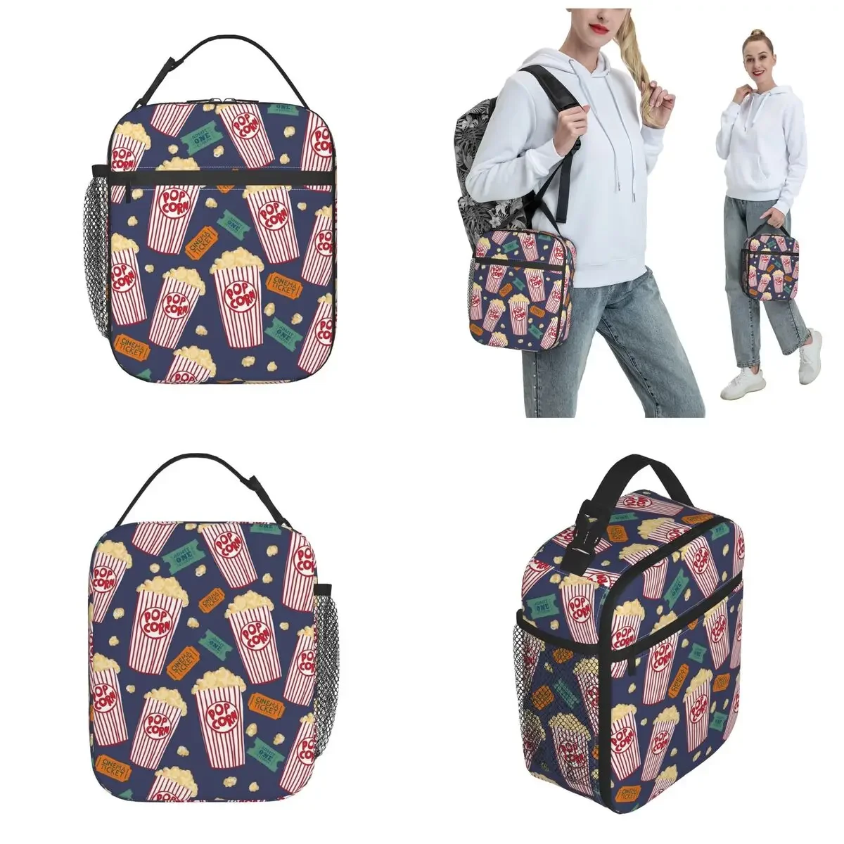 Movie Night Grab The Buttered Popcorn Thermal Insulated Lunch Bag for School Portable Bento Box Cooler Thermal Lunch Box