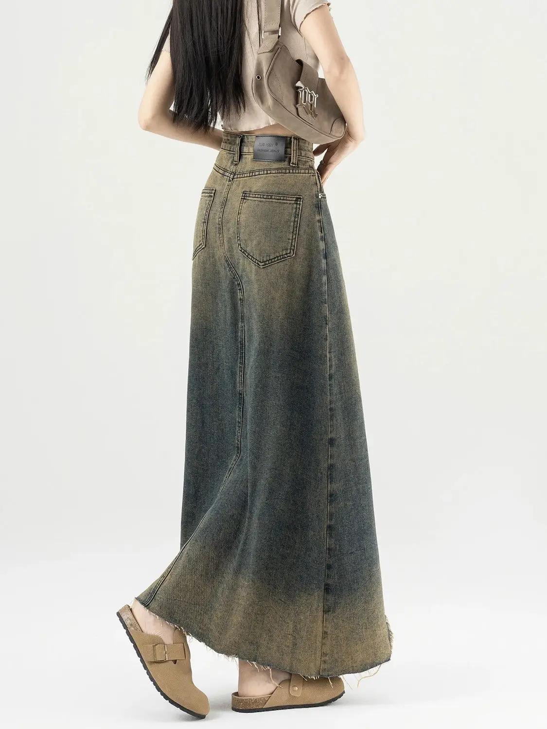 

American Retro Old Denim Skirt For Women'S Spring New High-Waisted Ripped A-Line Midi Skirt